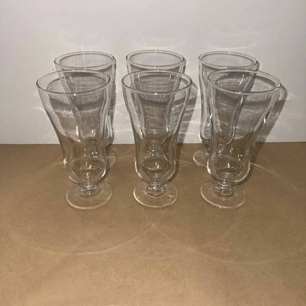 6 Vintage 6" Drinking Glasses Clear Footed Parfait Shaped Mid Century